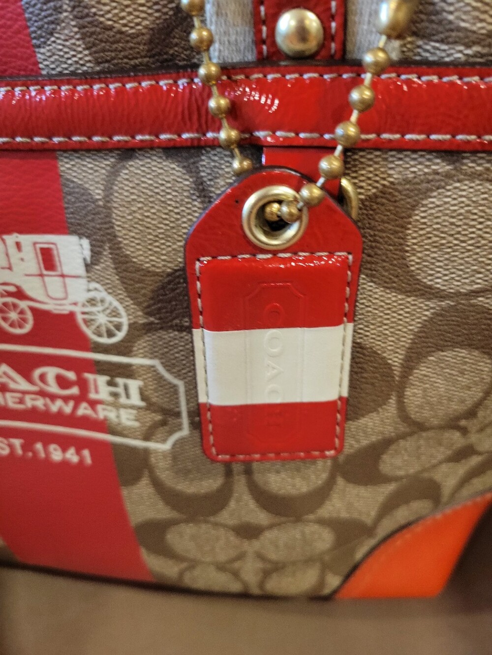 COACH Signature Tattersall Lining Canvas Tote with Red Accents - Picture 3 of 14
